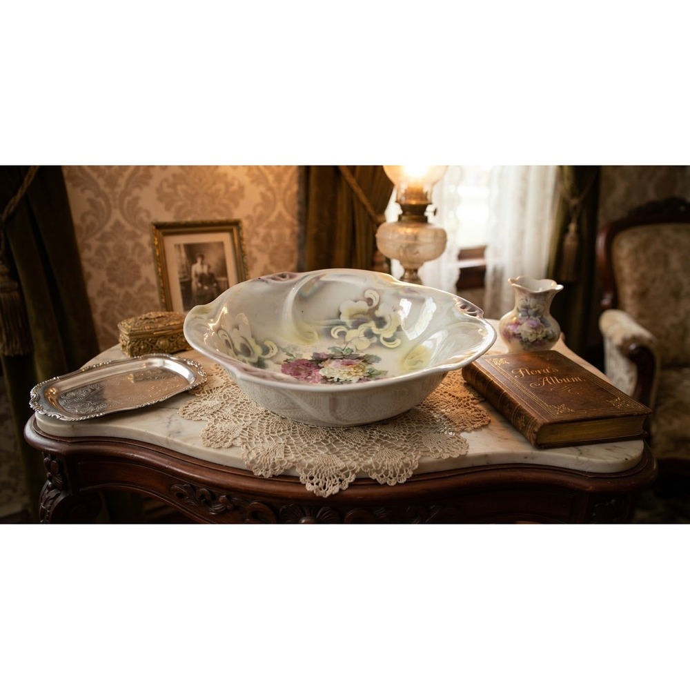 Antique Iridescent Luster Porcelain Bowl Hand Painted Floral Peonies 9 Inch